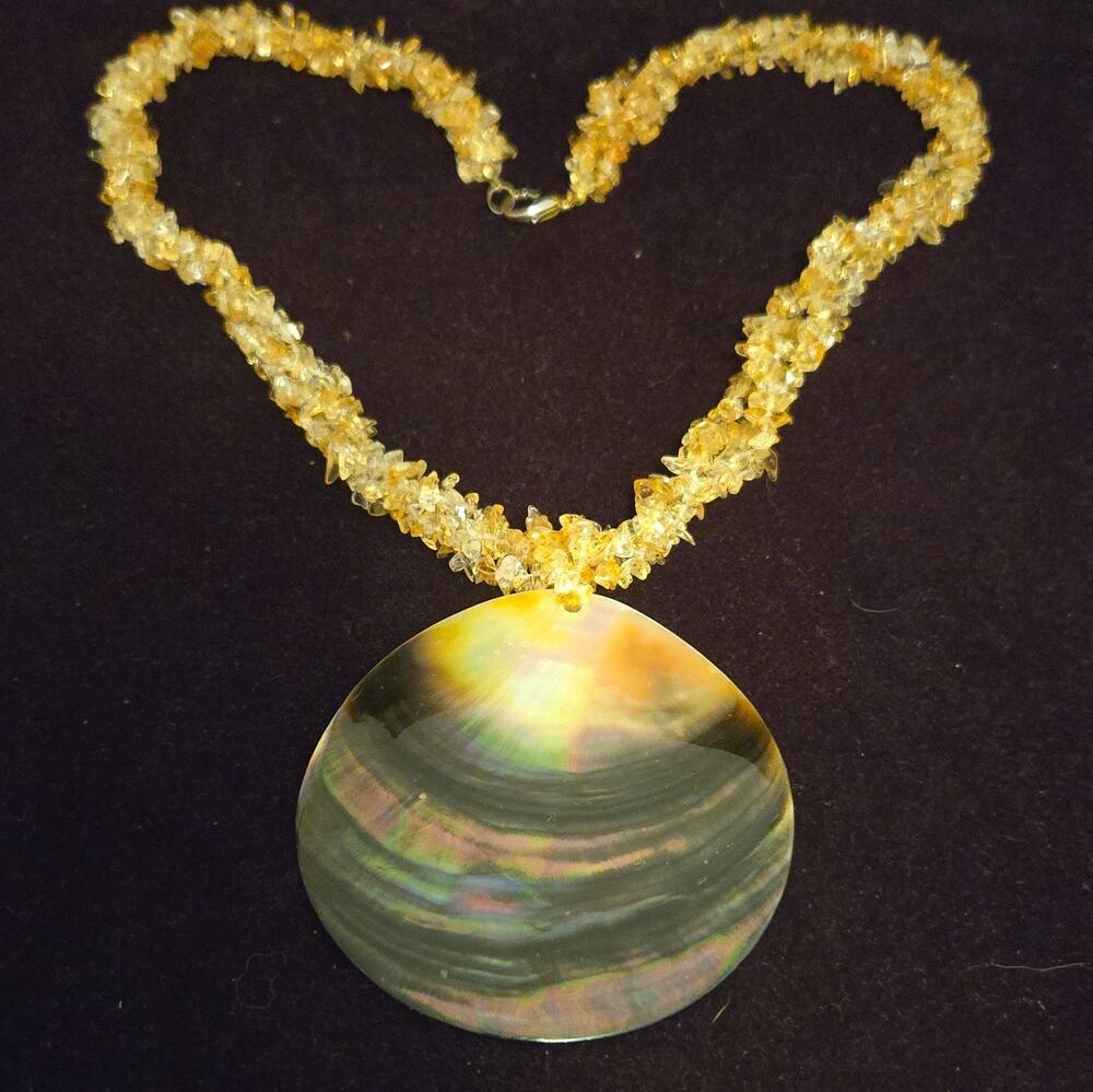 Vintage Mother of Pearl Disk Pendant Citrine Crystal Chip Statement Necklace Boh